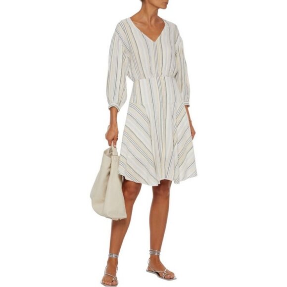 💕ATM💕 Asymmetric Striped Linen Viscose Blend Dress ~ Ivory Multi-Color Print 6 - Picture 3 of 15